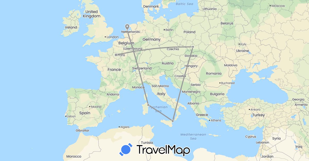 TravelMap itinerary: driving, plane in France, Italy, Netherlands, Poland (Europe)
